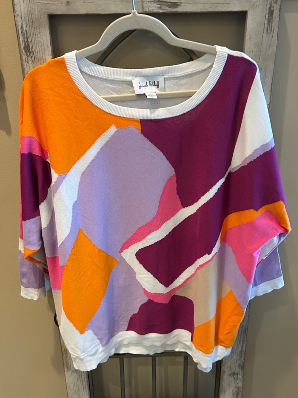 Joseph Ribkoff Abstract Colorblock Knit Top in Purple, Orange & Pink